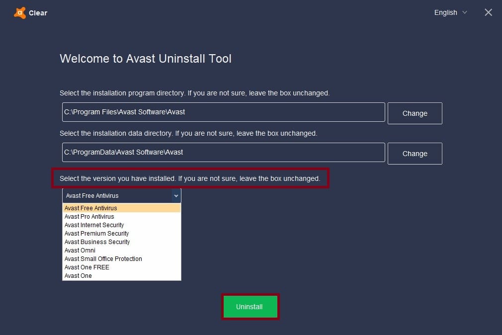 Elegir la versión de Avast y hacer clic en Desinstalar