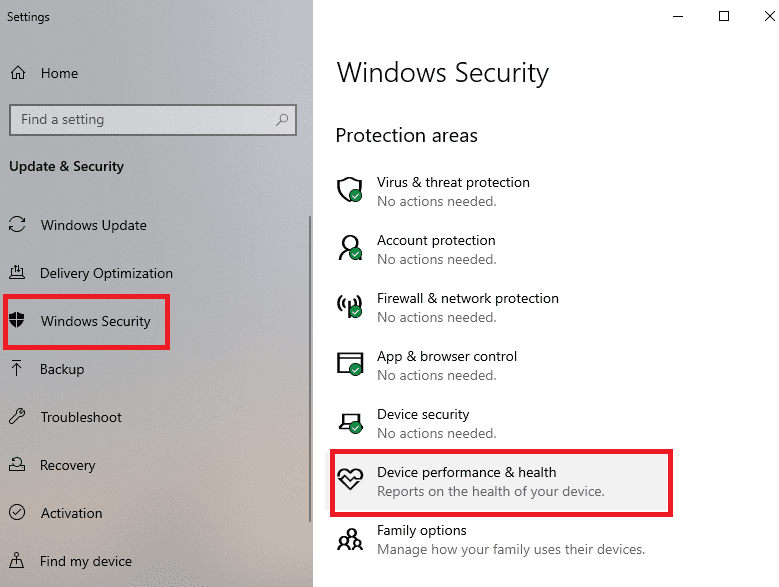 Dispositivo y rendimiento en seguridad de Windows